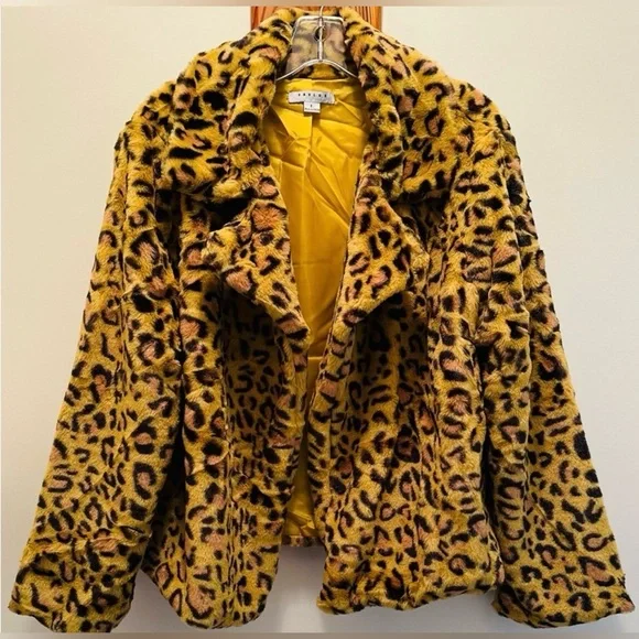 Leopard Print Sherpa Big Collar Jacket Mustard Lining Women Size Large NWT - Picture 3 of 9